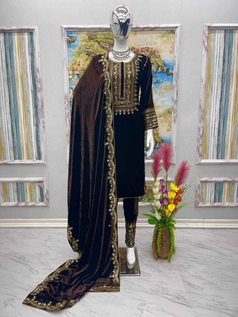 Brown Designer Viscose Velvet Bottom Top and Dupatta For Party Wear
