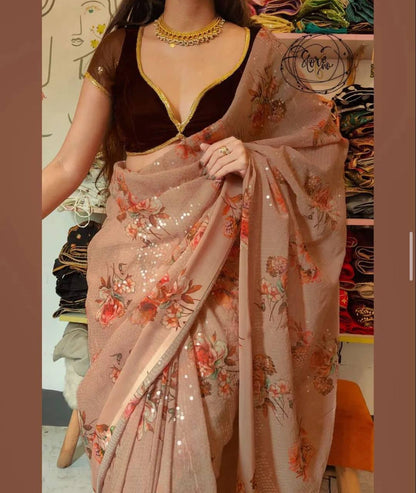 Brown Georgette Digital Print Saree with Full Sequins Contrast Border