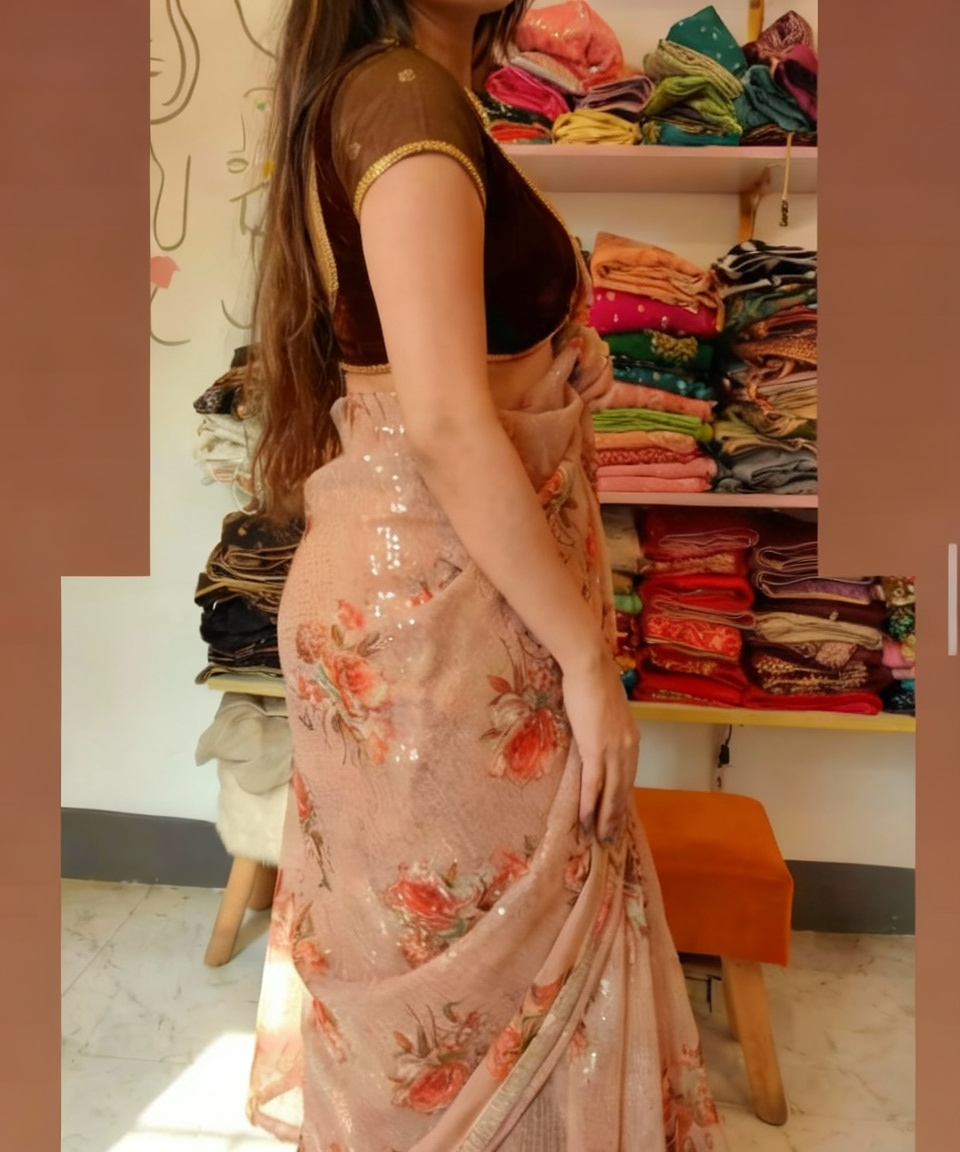 Brown Georgette Digital Print Saree with Full Sequins Contrast Border