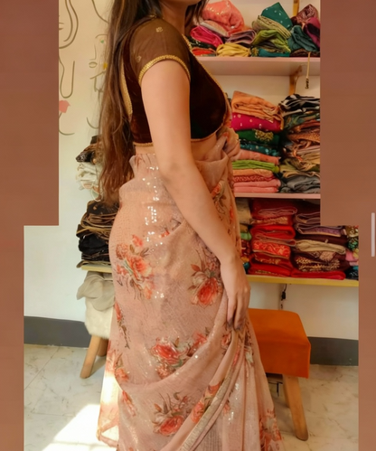 Brown Georgette Digital Print Saree with Full Sequins Contrast Border