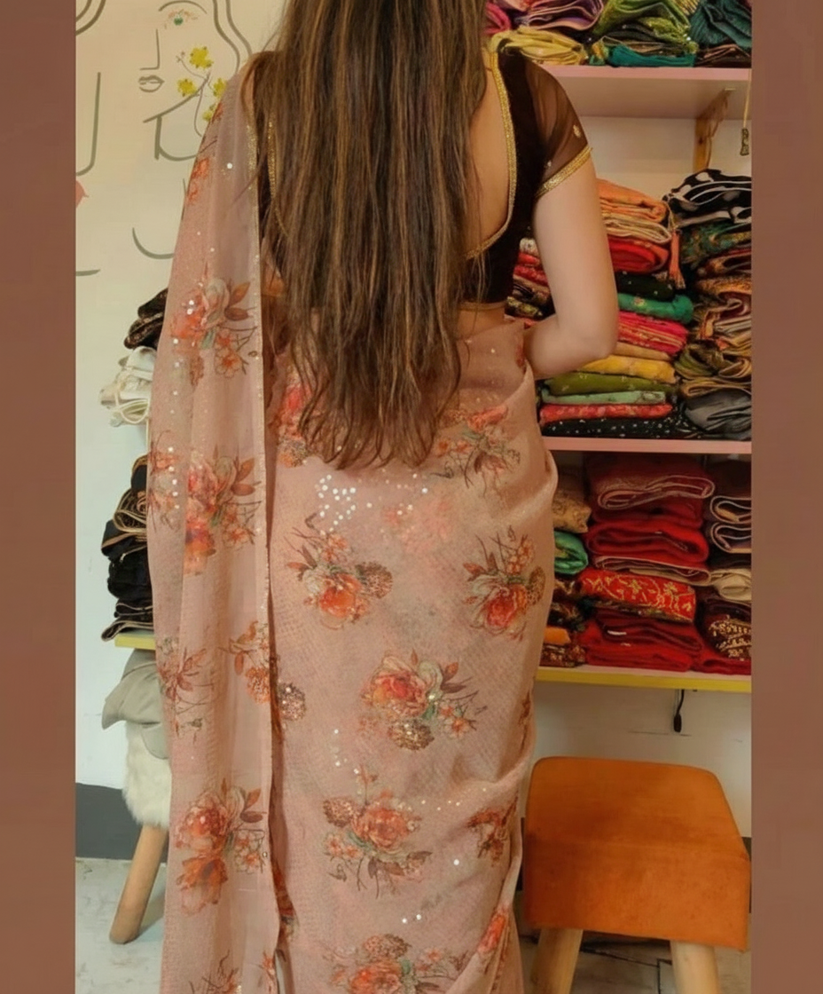 Brown Georgette Digital Print Saree with Full Sequins Contrast Border