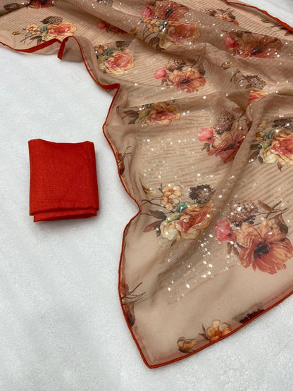 Brown Georgette Digital Print Saree with Full Sequins Contrast Border