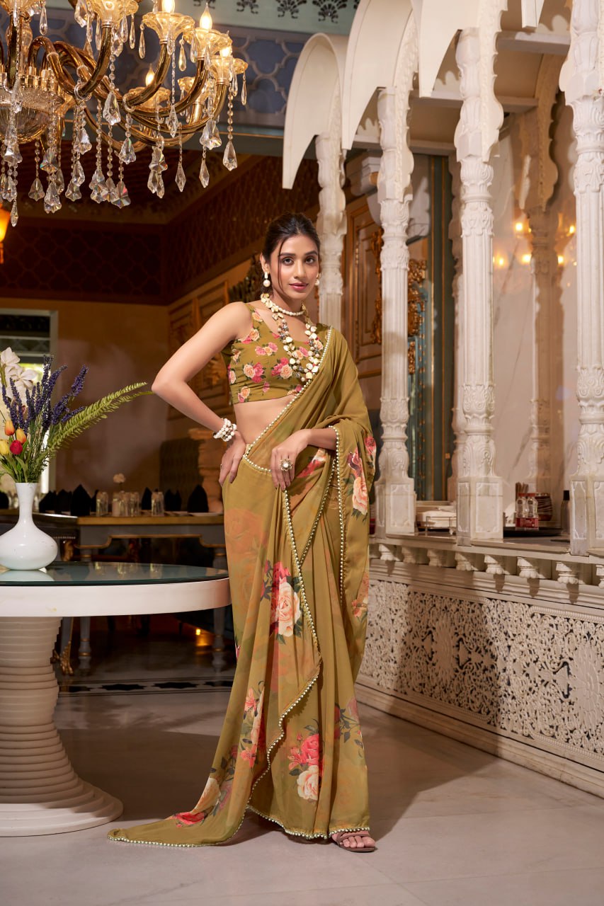Brown Georgette Floral Print Saree with Pearl Lace Border