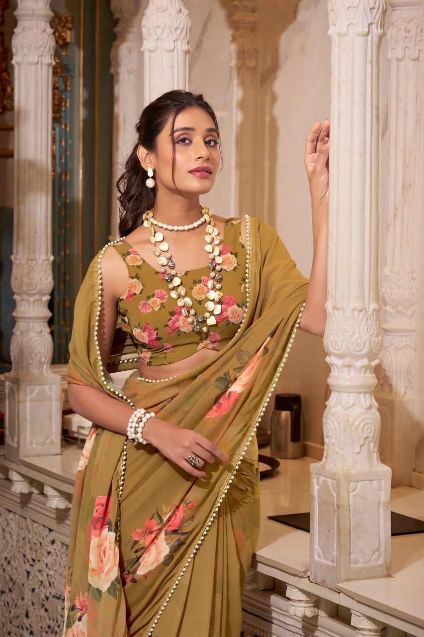 Brown Georgette Floral Print Saree with Pearl Lace Border