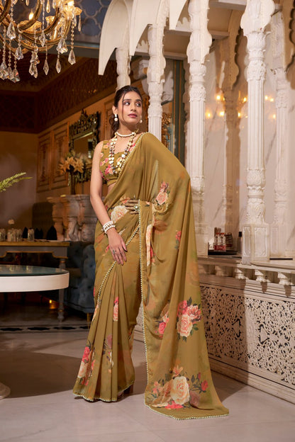 Brown Georgette Floral Print Saree with Pearl Lace Border