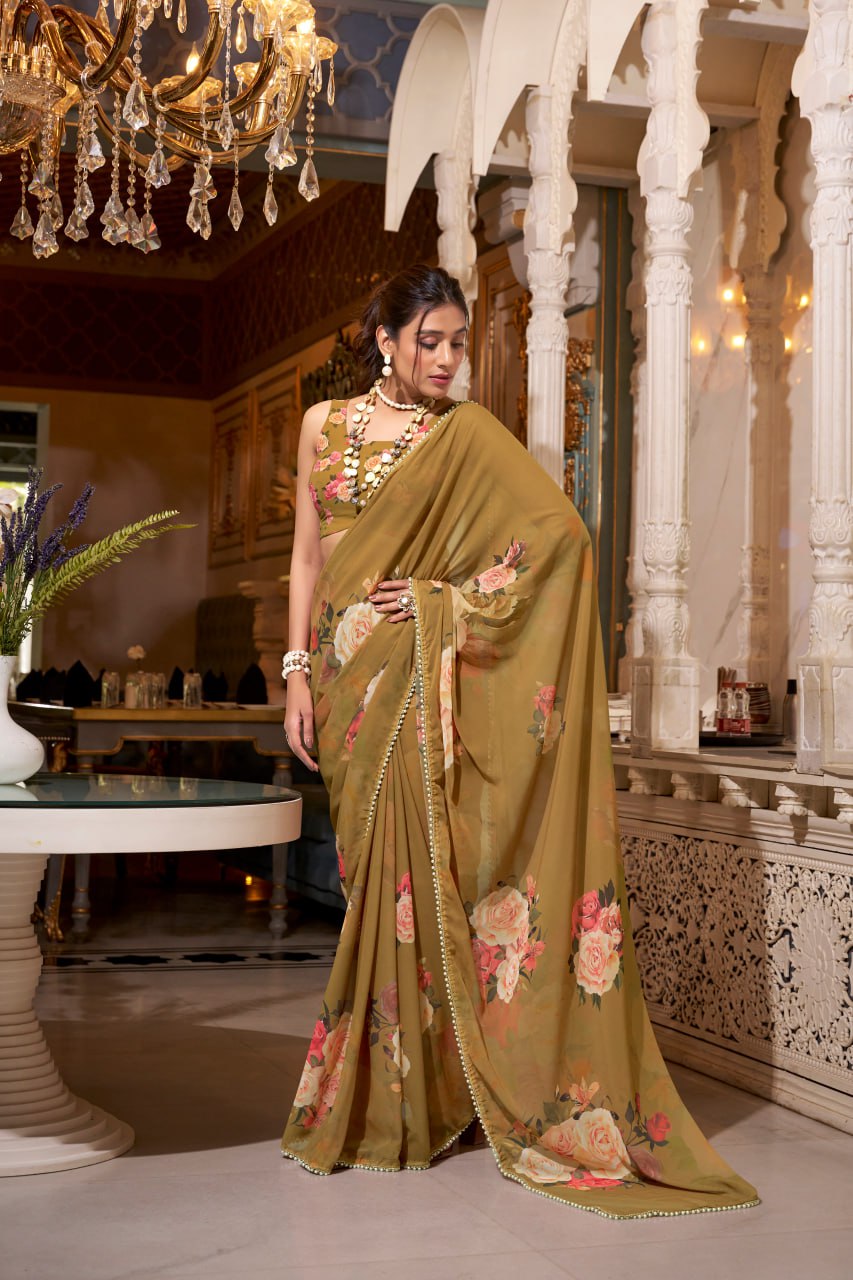 Brown Georgette Floral Print Saree with Pearl Lace Border