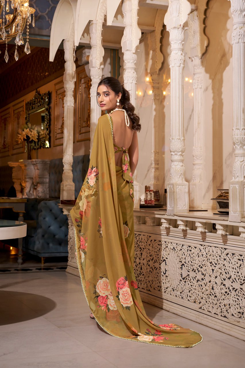Brown Georgette Floral Print Saree with Pearl Lace Border