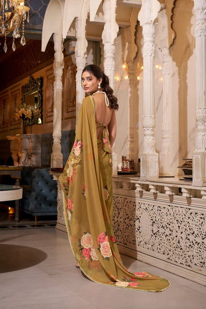 Brown Georgette Floral Print Saree with Pearl Lace Border