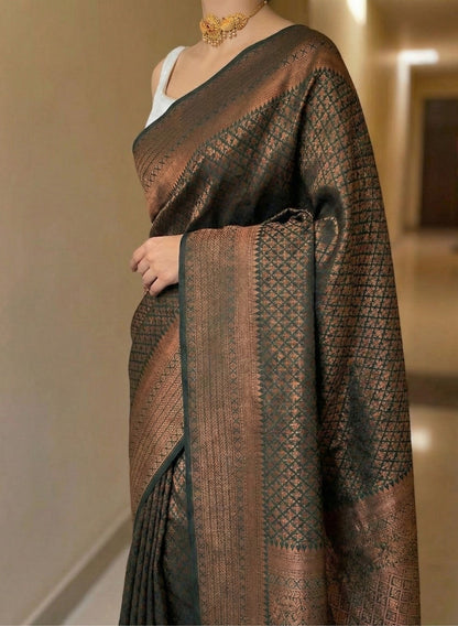 Brown Kanchipuram Jari Weaving Silk Saree with Designer Blouse