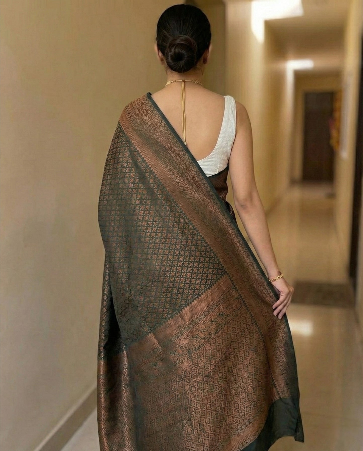 Brown Kanchipuram Jari Weaving Silk Saree with Designer Blouse
