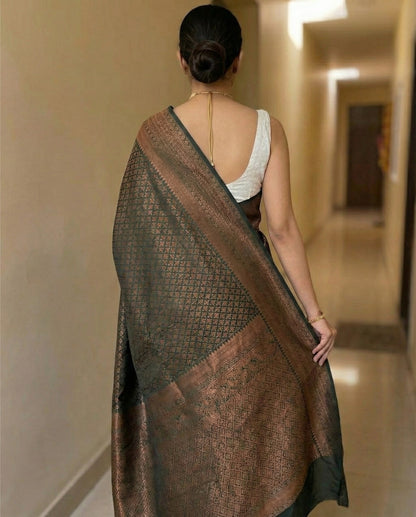 Brown Kanchipuram Jari Weaving Silk Saree with Designer Blouse