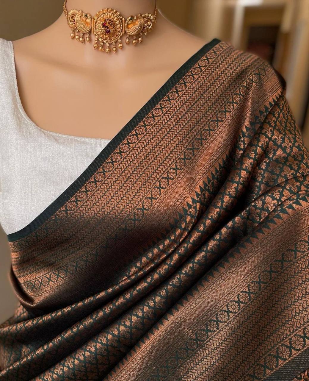 Brown Kanchipuram Jari Weaving Silk Saree with Designer Blouse