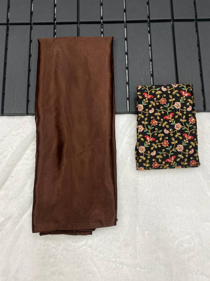Brown Luxury Smooth Satin Saree with Designer Embroidery Blouse