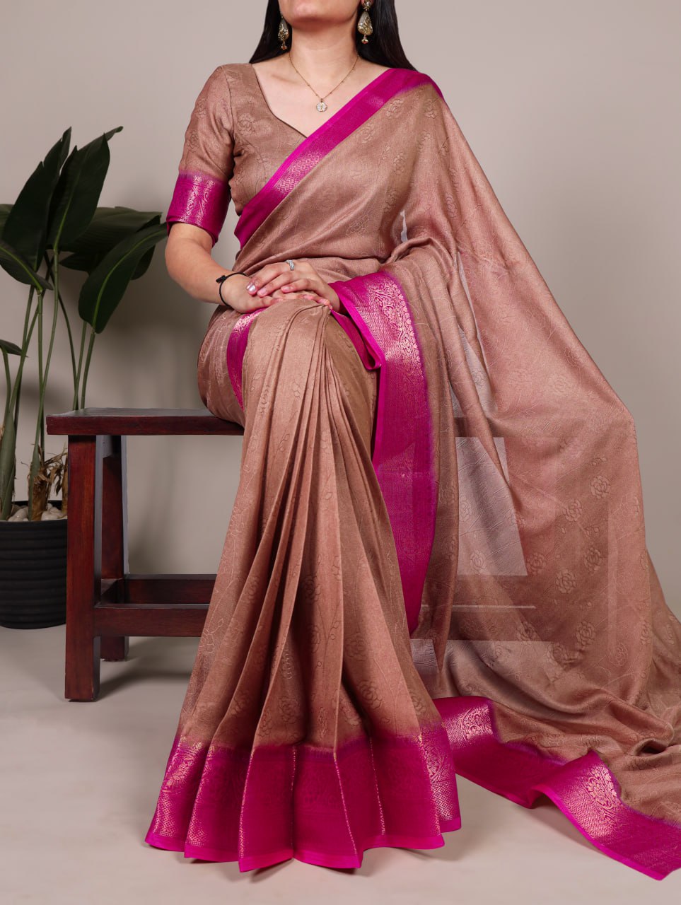 Brown Marsh Mello Zari Weaving Saree with Matching Blouse