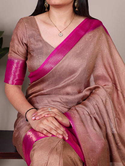 Brown Marsh Mello Zari Weaving Saree with Matching Blouse