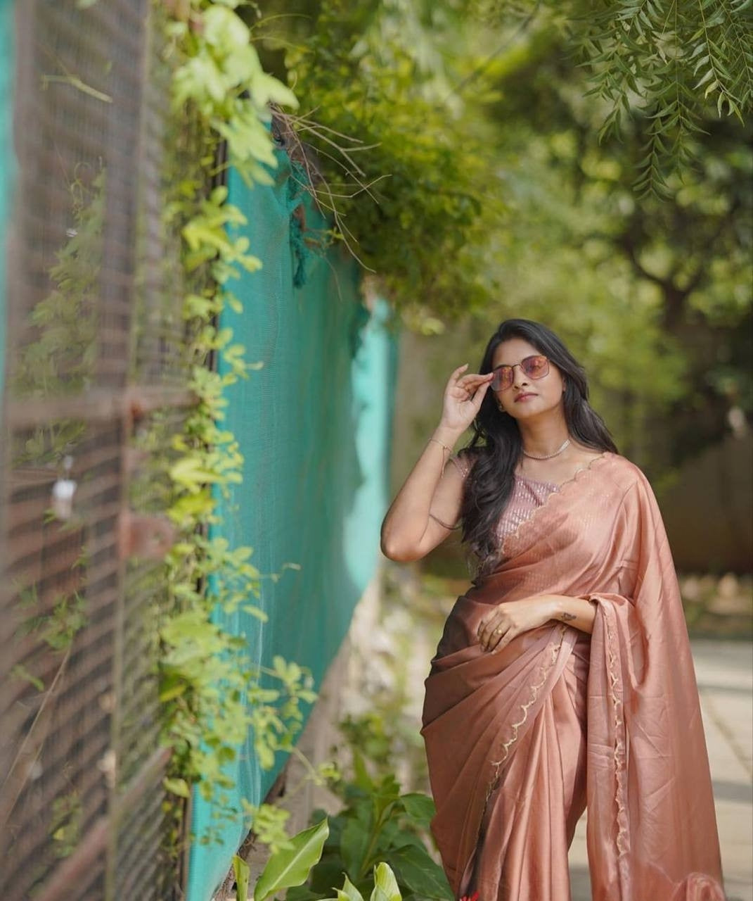 Brown Rangoli Silk Saree with Aarko Border & Net Sequins Work Blouse