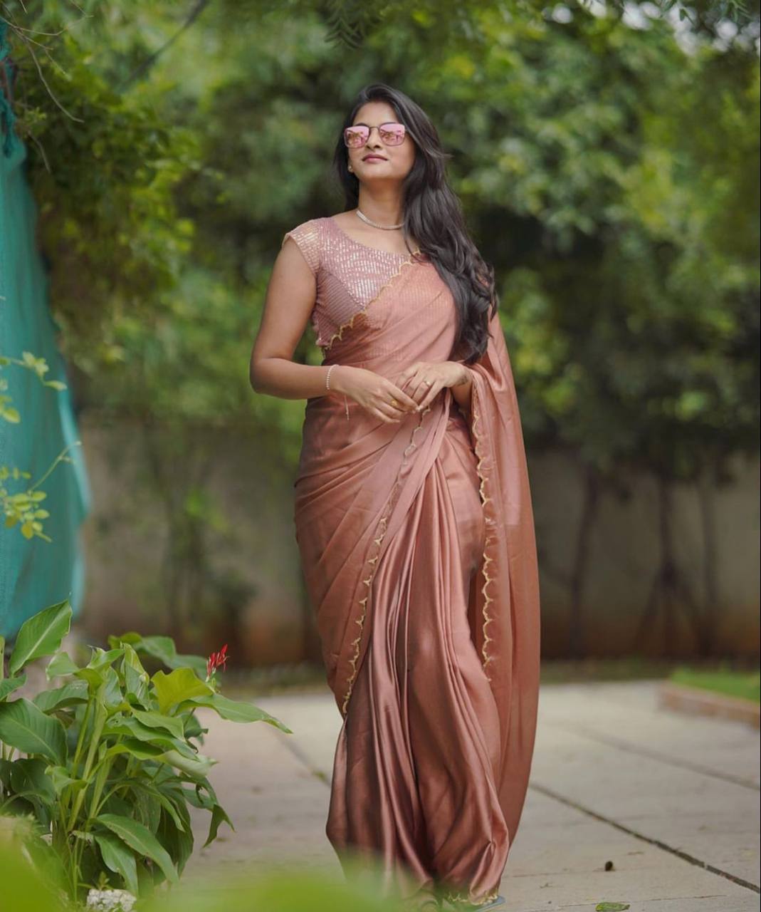 Brown Rangoli Silk Saree with Aarko Border & Net Sequins Work Blouse