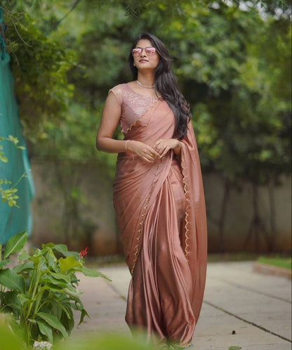 Brown Rangoli Silk Saree with Aarko Border & Net Sequins Work Blouse