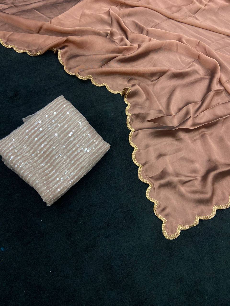 Brown Rangoli Silk Saree with Aarko Border & Net Sequins Work Blouse