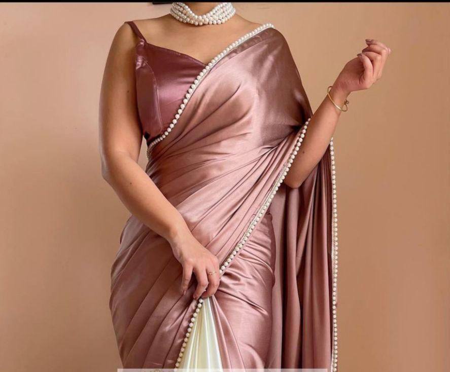 Brown Satin Saree with Moti Lace Border and Matching Blouse