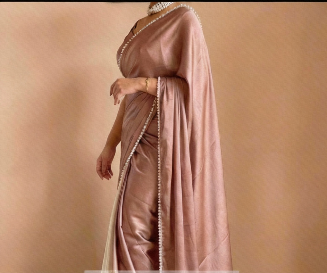 Brown Satin Saree with Moti Lace Border and Matching Blouse