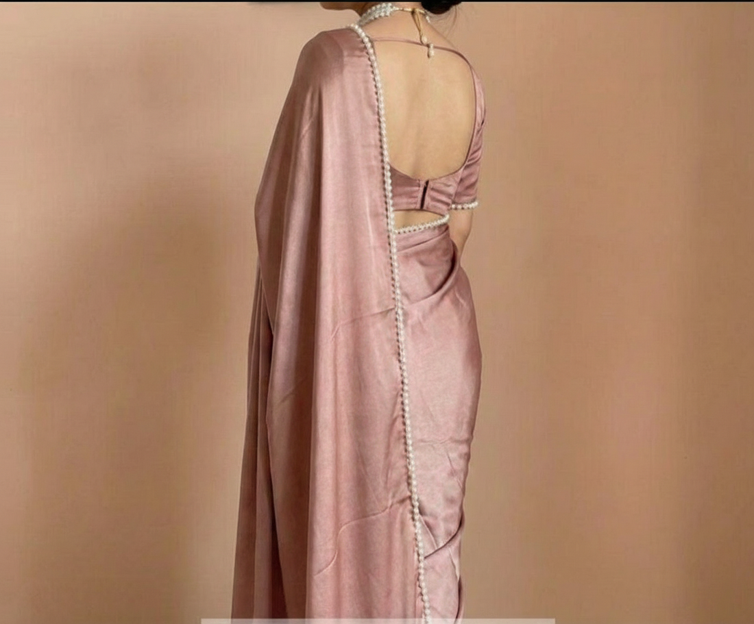 Brown Satin Saree with Moti Lace Border and Matching Blouse