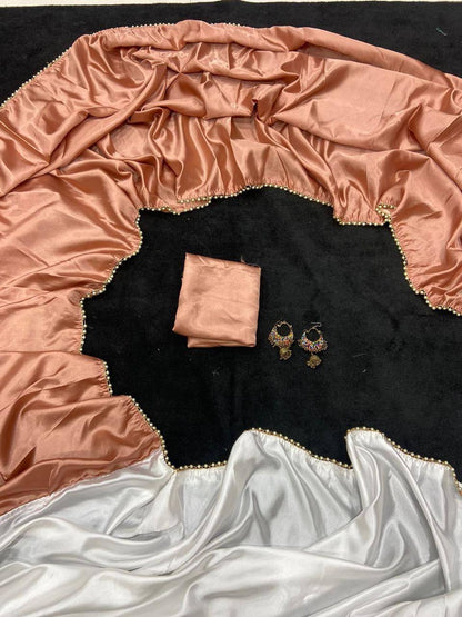 Brown Satin Saree with Moti Lace Border and Matching Blouse