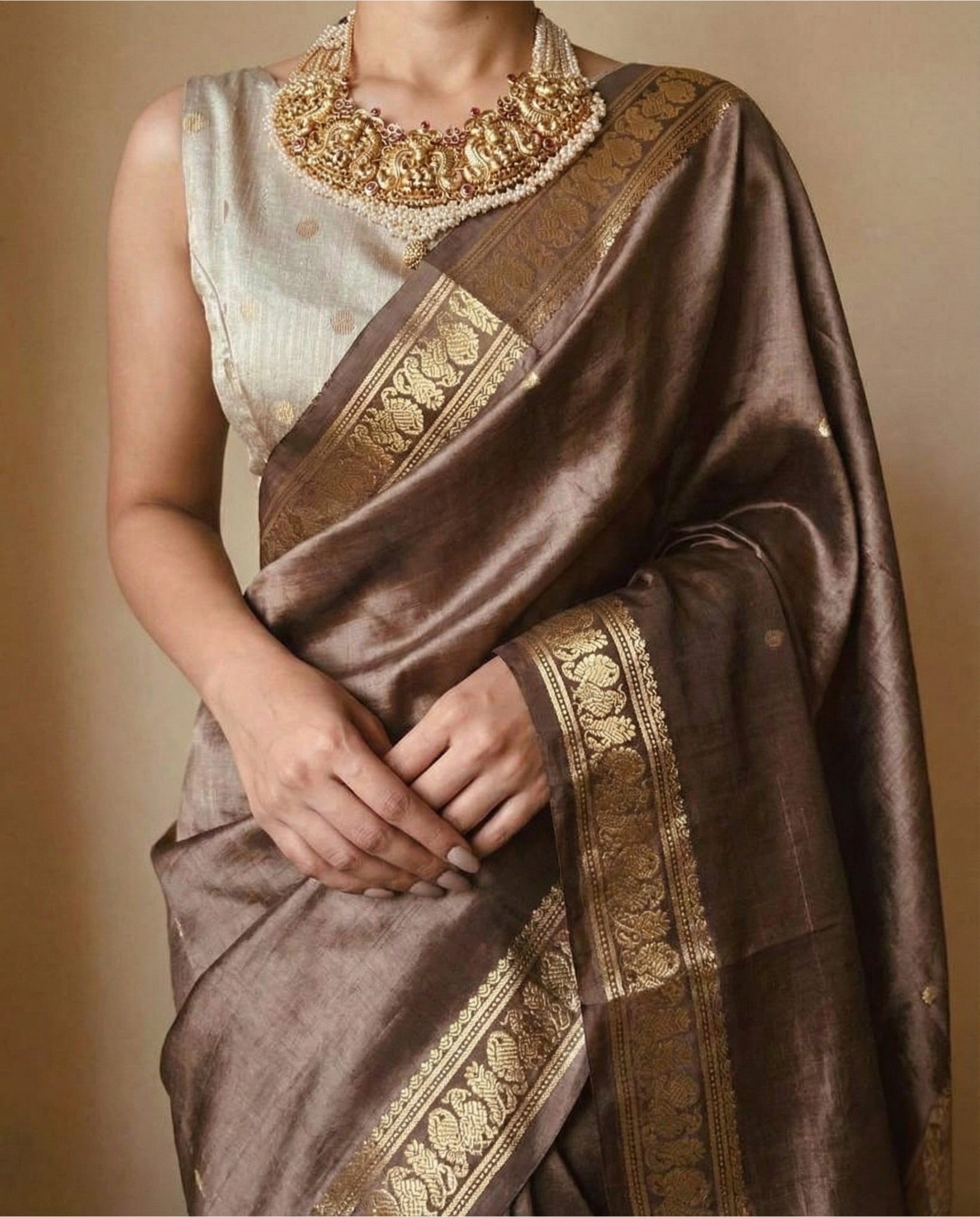 Brown Traditional Kanchipuram Silk Saree with Rich Zari Weaving Border