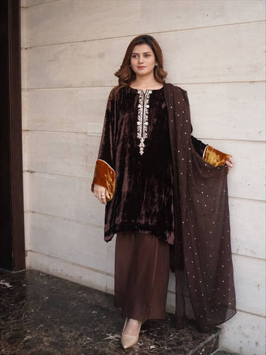 Brown Velvet Winter Plazzo Set with Sequence Embroidery Work