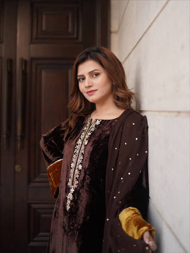 Brown Velvet Winter Plazzo Set with Sequence Embroidery Work