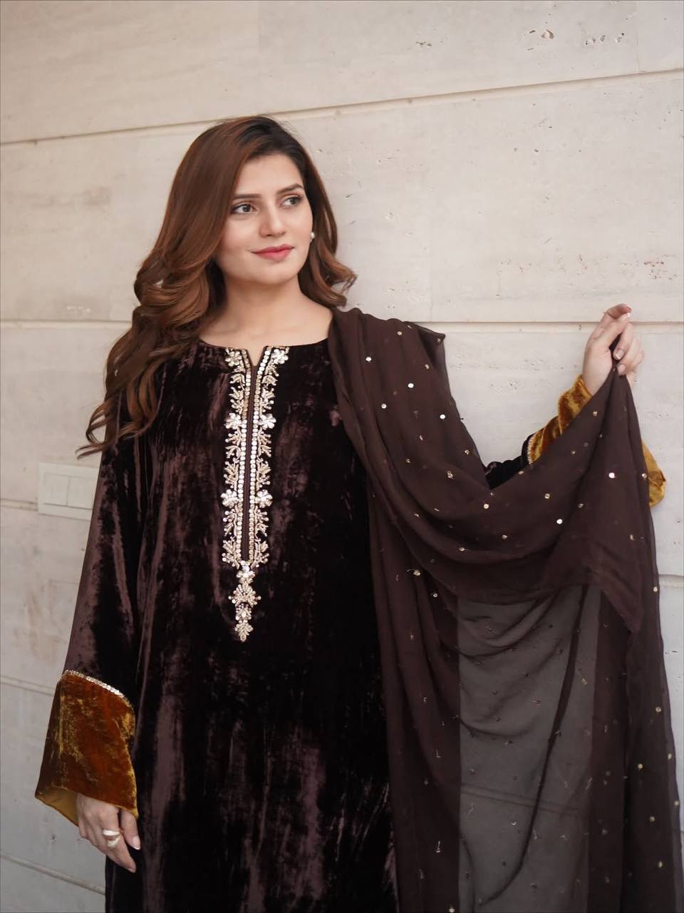 Brown Velvet Winter Plazzo Set with Sequence Embroidery Work