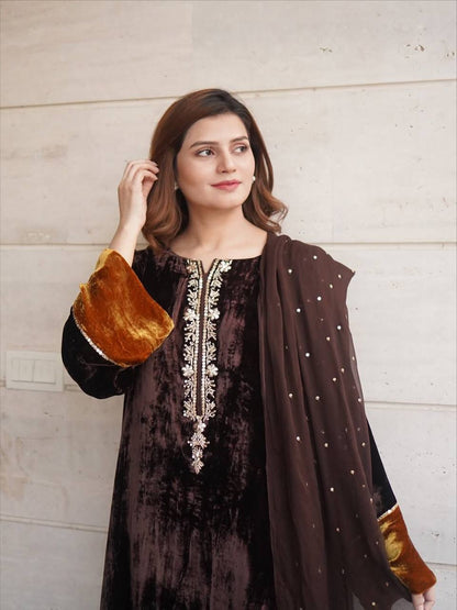 Brown Velvet Winter Plazzo Set with Sequence Embroidery Work