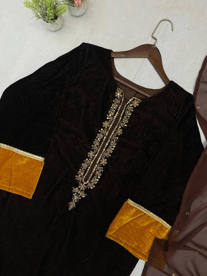 Brown Velvet Winter Plazzo Set with Sequence Embroidery Work