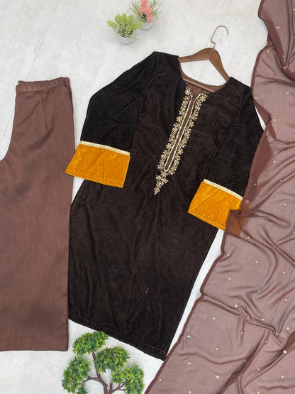 Brown Velvet Winter Plazzo Set with Sequence Embroidery Work