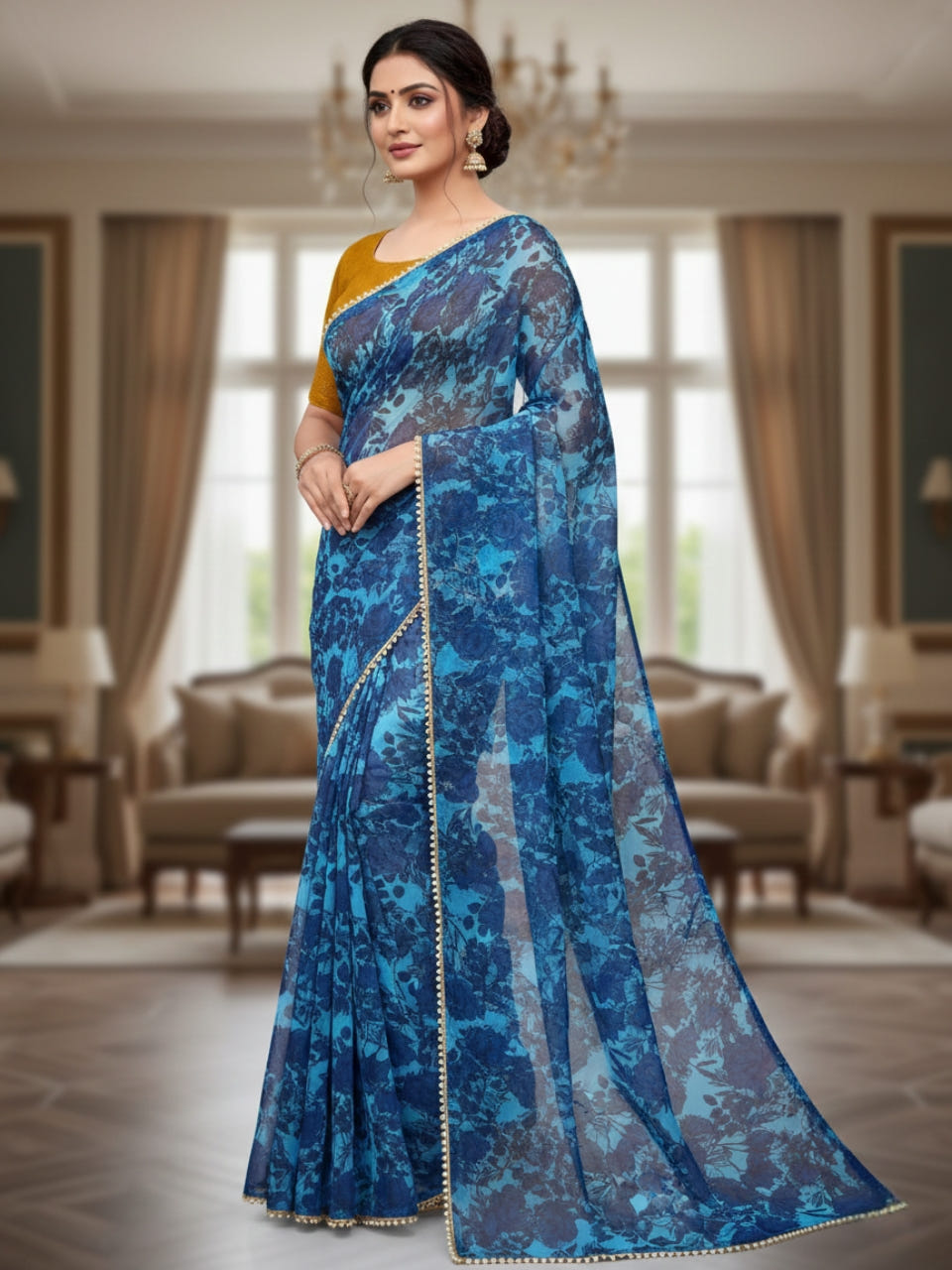 Bule Georgette Digital Print Saree with Moti Lace Border & Blouse