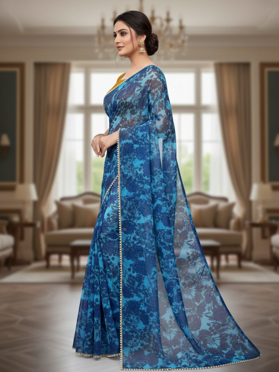 Bule Georgette Digital Print Saree with Moti Lace Border & Blouse