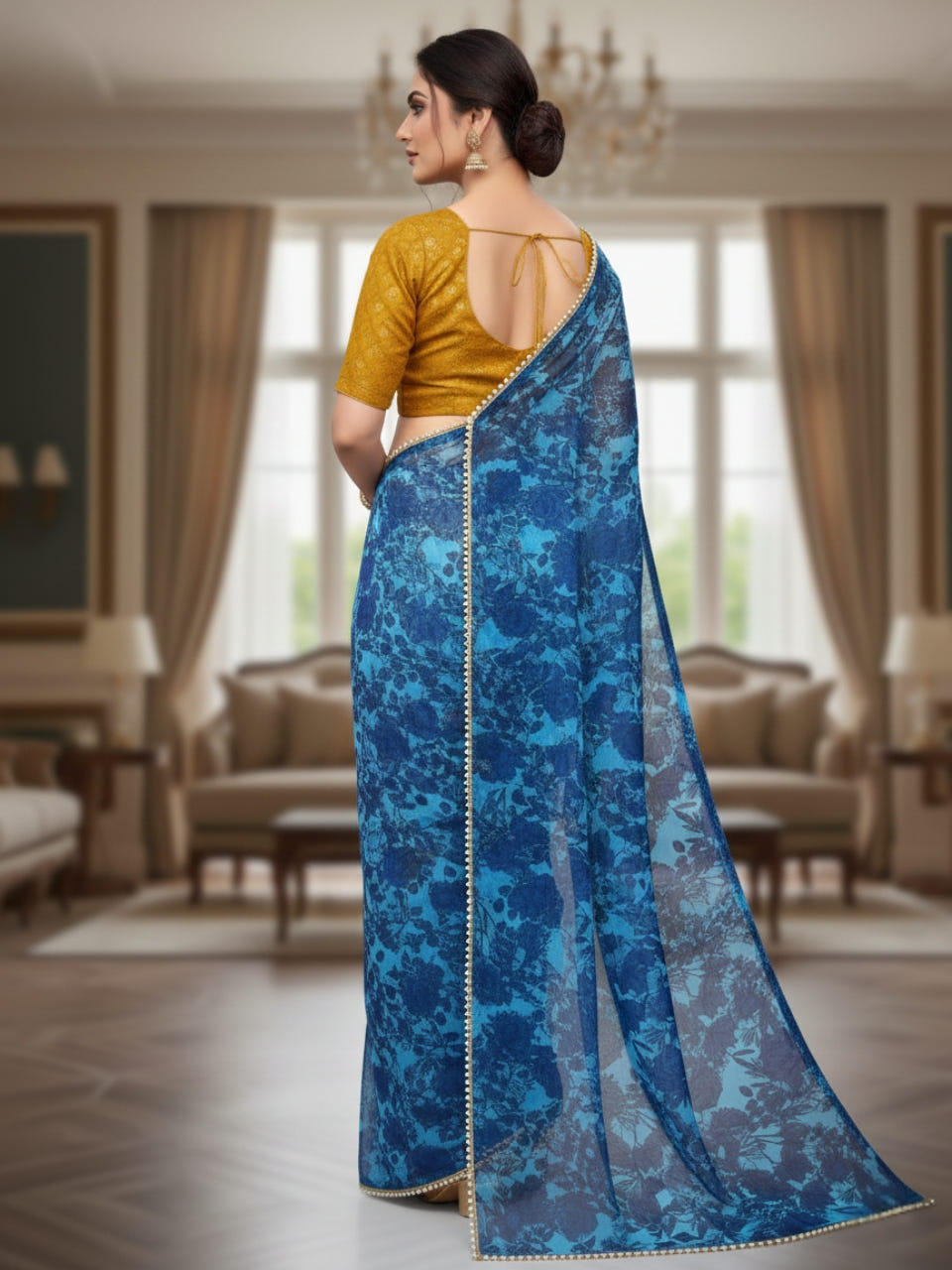 Bule Georgette Digital Print Saree with Moti Lace Border & Blouse