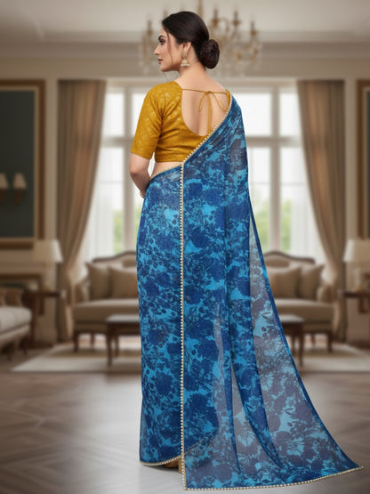 Bule Georgette Digital Print Saree with Moti Lace Border & Blouse