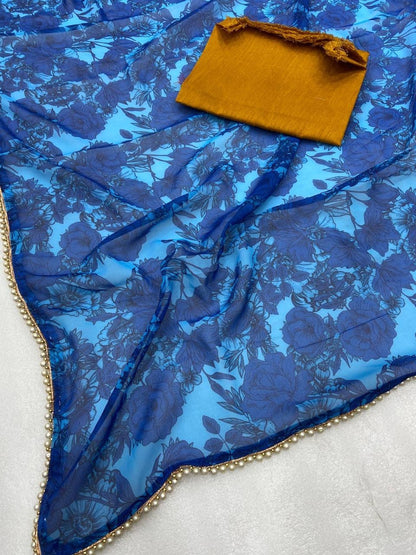 Bule Georgette Digital Print Saree with Moti Lace Border & Blouse