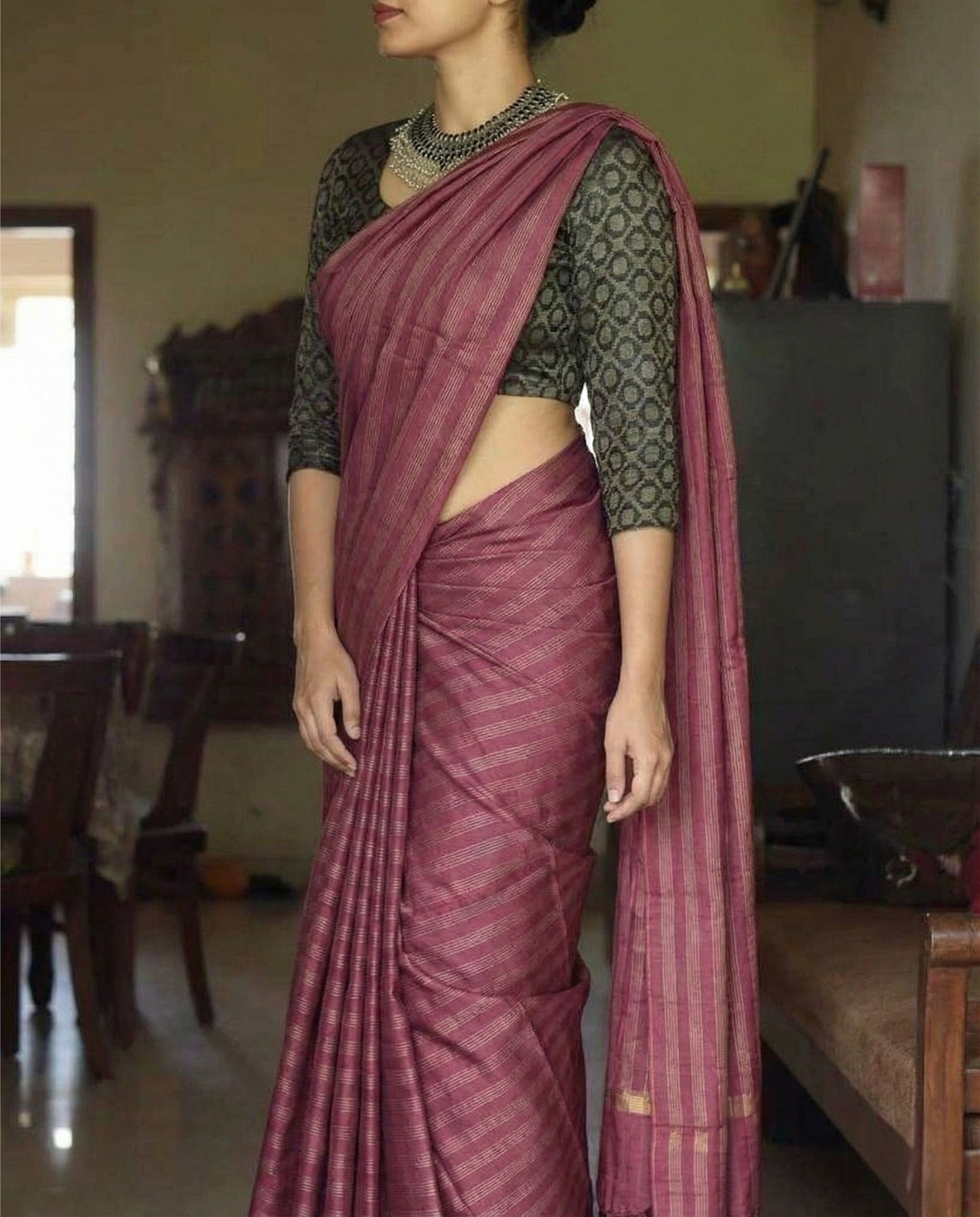 Burgundy Kanchipuram Silk Saree with Rich Zari Weaving Border