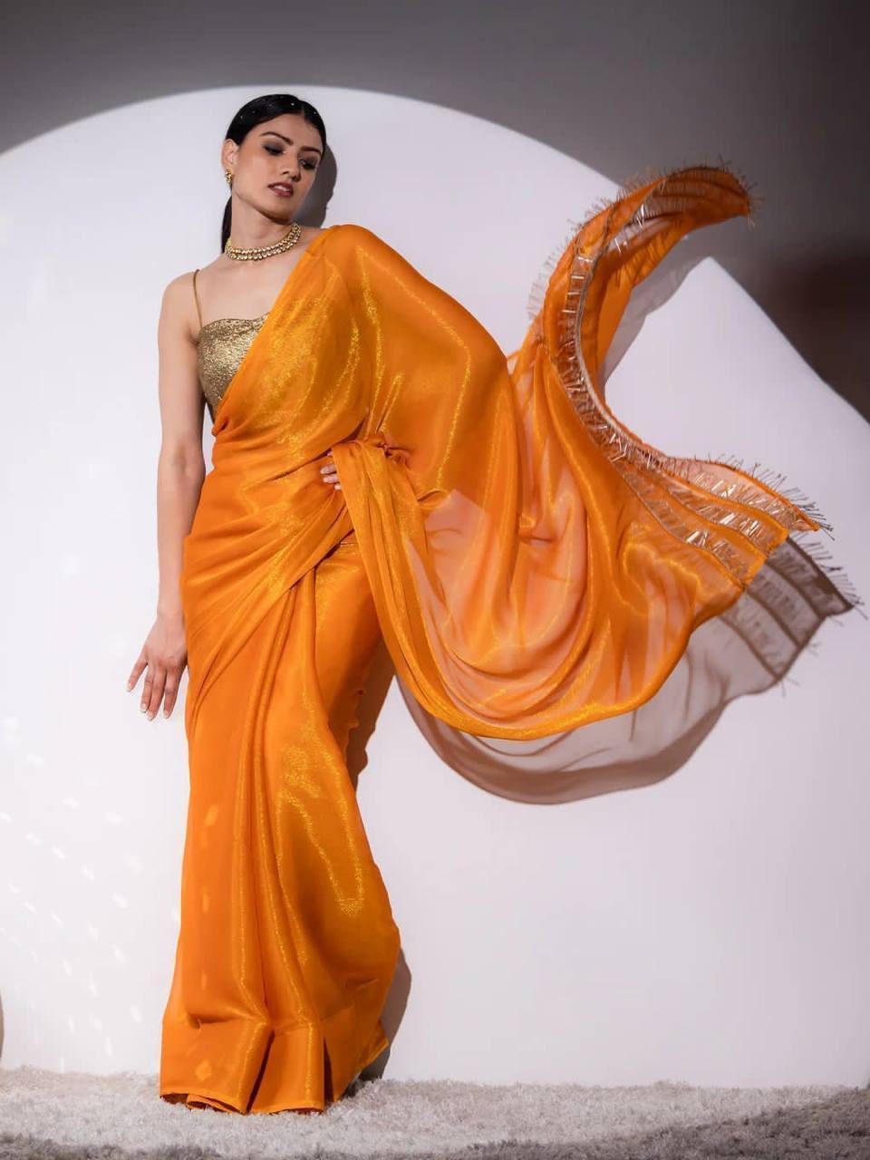 Burnt Orange Simmar Silk Saree with Handwork Latkan Border