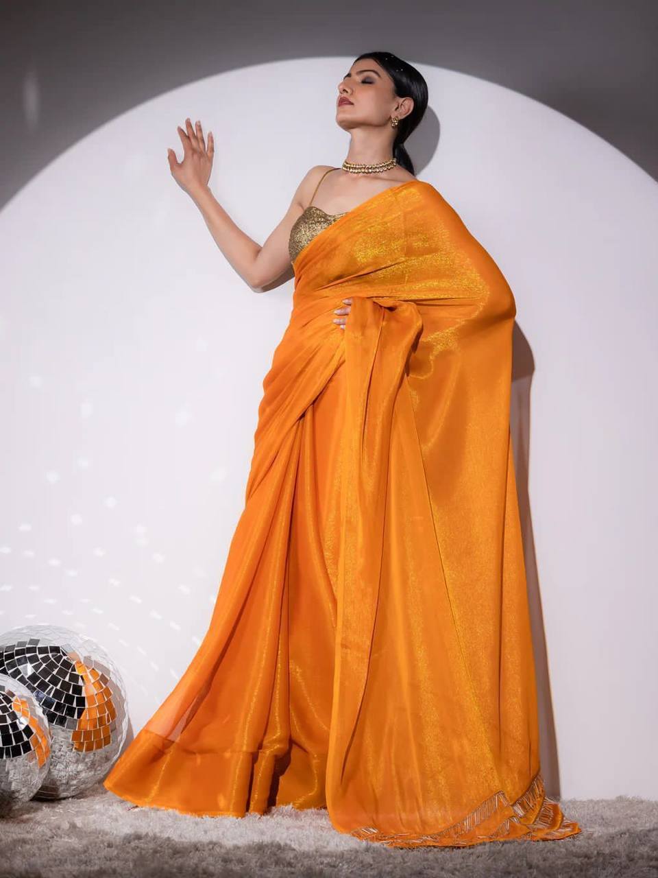 Burnt Orange Simmar Silk Saree with Handwork Latkan Border