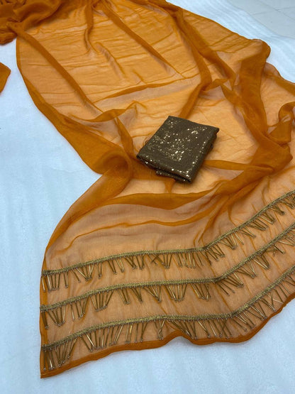 Burnt Orange Simmar Silk Saree with Handwork Latkan Border