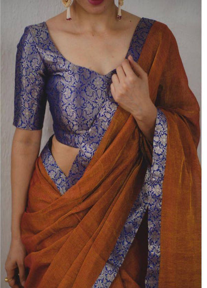 Burnt Orange Upadda Silk Jacquard Weaving Saree with Banarasi Blouse