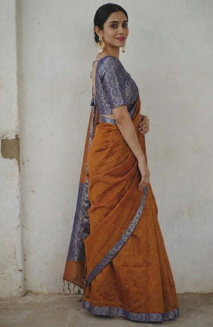 Burnt Orange Upadda Silk Jacquard Weaving Saree with Banarasi Blouse