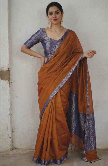 Burnt Orange Upadda Silk Jacquard Weaving Saree with Banarasi Blouse