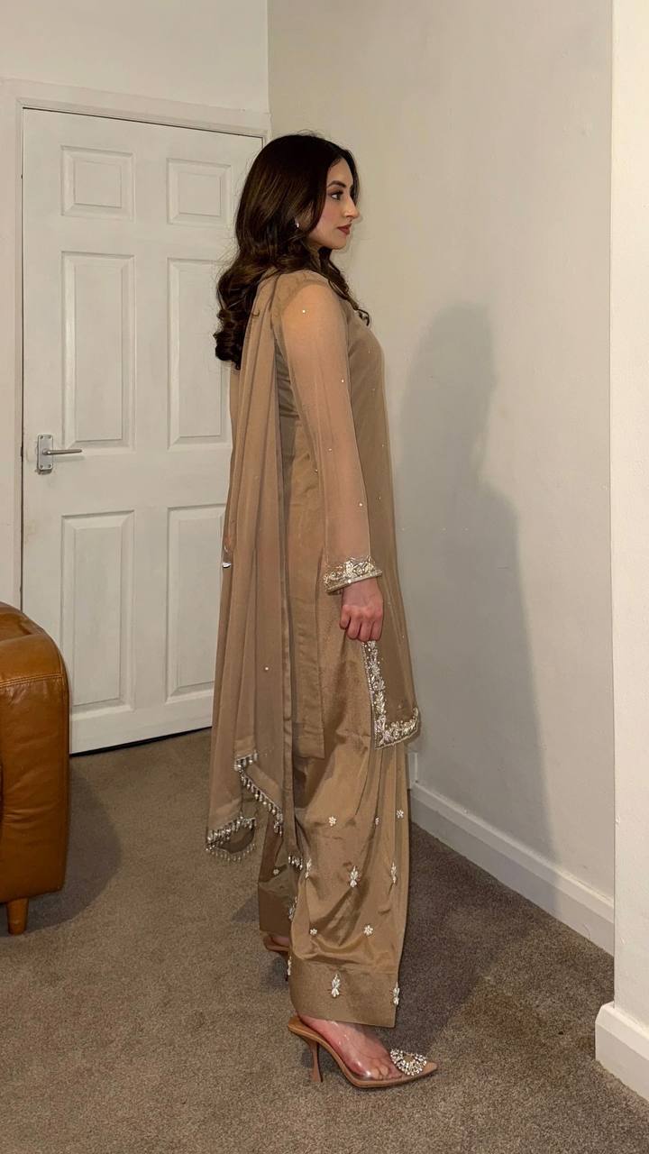 Chikoo Designer Faux Georgette Embroidery Top Farshi Pant and Dupatta