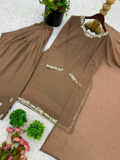 Chikoo Designer Faux Georgette Embroidery Top Farshi Pant and Dupatta