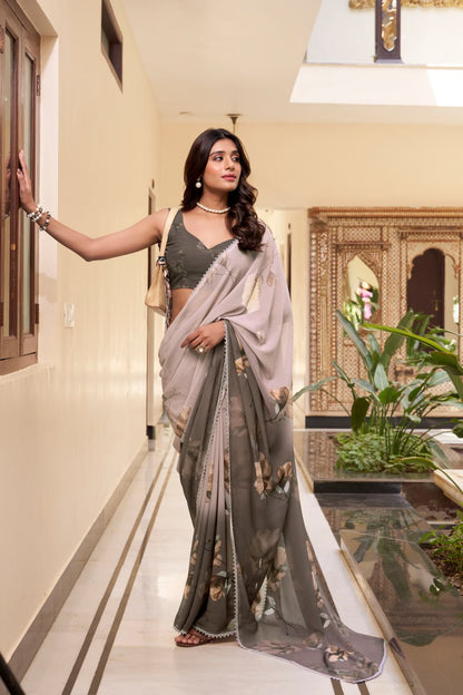 Chikoo Weightless Marble Printed Saree with Floral Design Lace Border