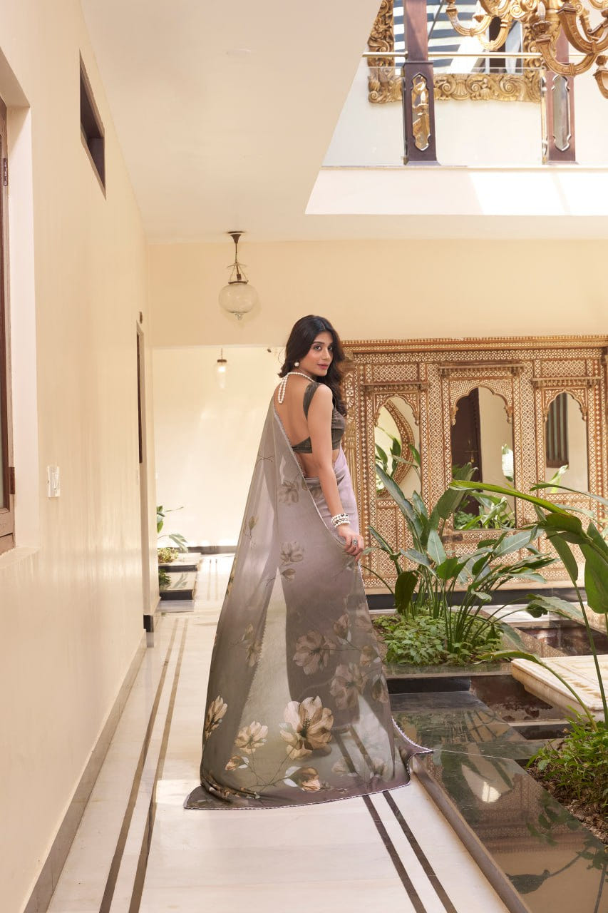 Chikoo Weightless Marble Printed Saree with Floral Design Lace Border